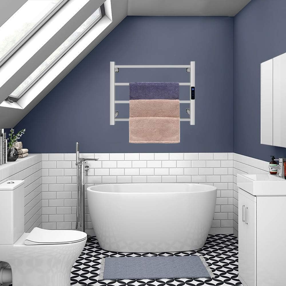 VINGLI Towel Warmer Rack Home Bathroom 4 Square Bars Cloth Towel Dryer with Built-in Timer Temperature Control Wall Mounted Plug in Electric Heated Towel Rack with LED Display Space Saving