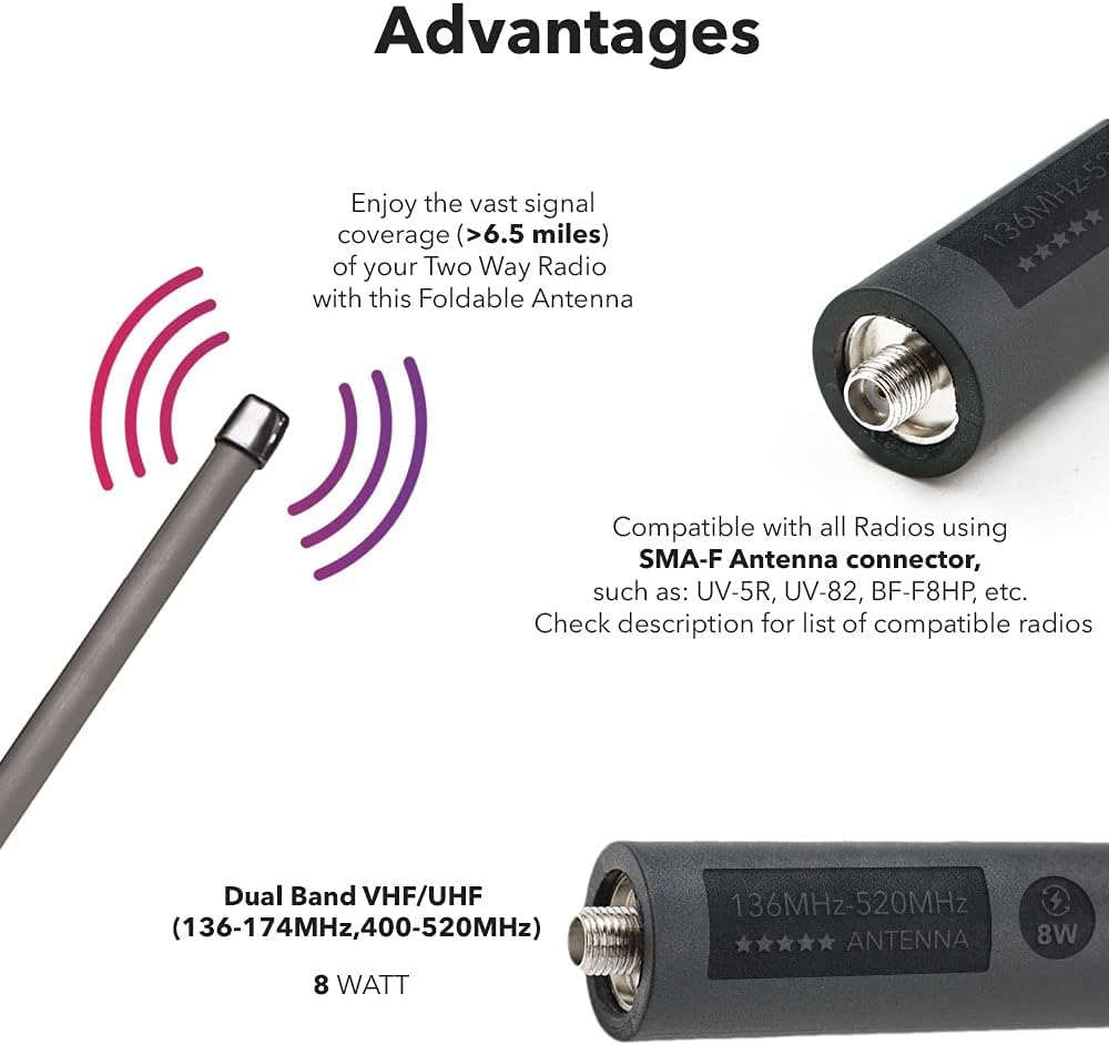 Mirkit Foldable Tactical Antenna 18.7 inch with SMA-Female Connector, Dual Band VHF/UHF (136-174MHz, 400-480MHz) for: UV-5R, UV-82, BF-F8HP, UV-5R V2+ Plus, BF-F9 V2+ Two Way Radios