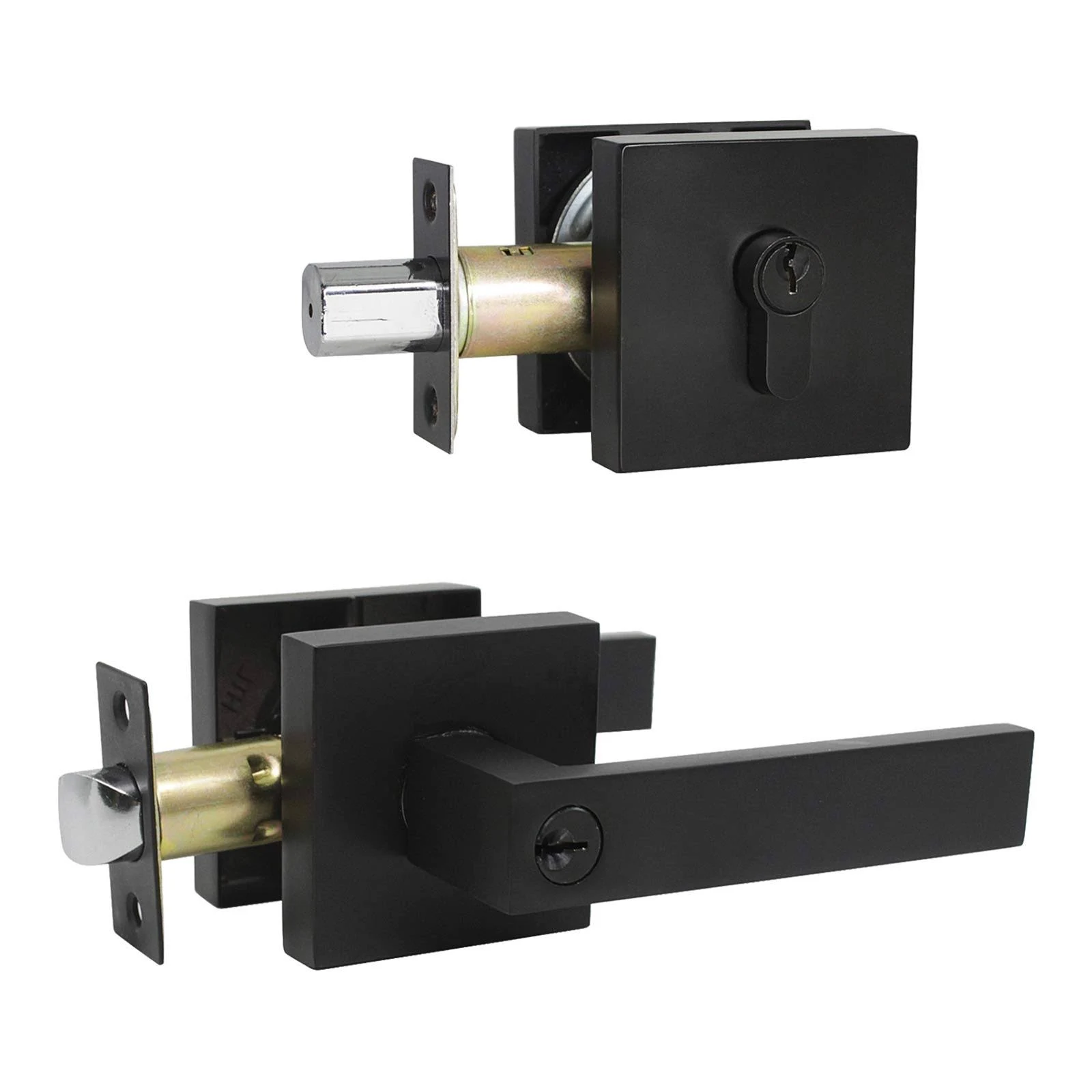 KNOBWELL 2 Pack Front Door Entry Lever Lockset and Single Keyed Square Deadbolt Combination Set, Heavy Duty, Matte Black (Keyed