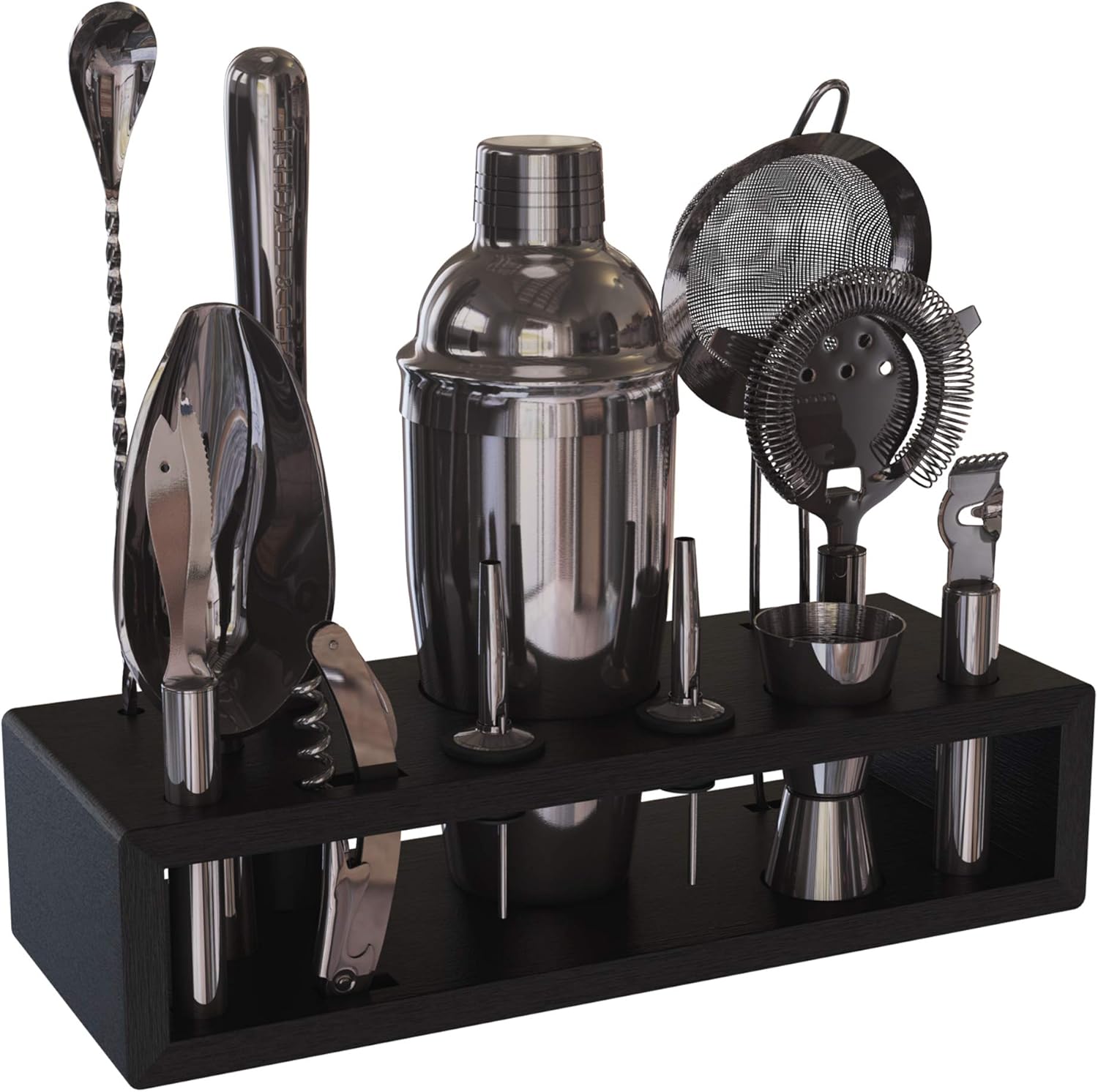 Highball & Chaser Bartender Kit with Black Bamboo Stand. Beautiful Cobbler Cocktail Shaker Set with Bar Tools Rustproof Stainless Steel Bar Set (Silver) Pack of 2