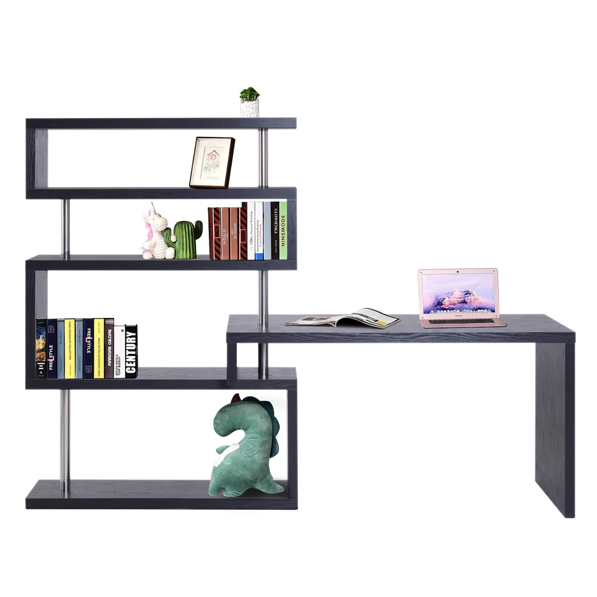 HOMCOM Rotating Home Office Corner Desk and Storage Shelf Combo - Black Wood Grain