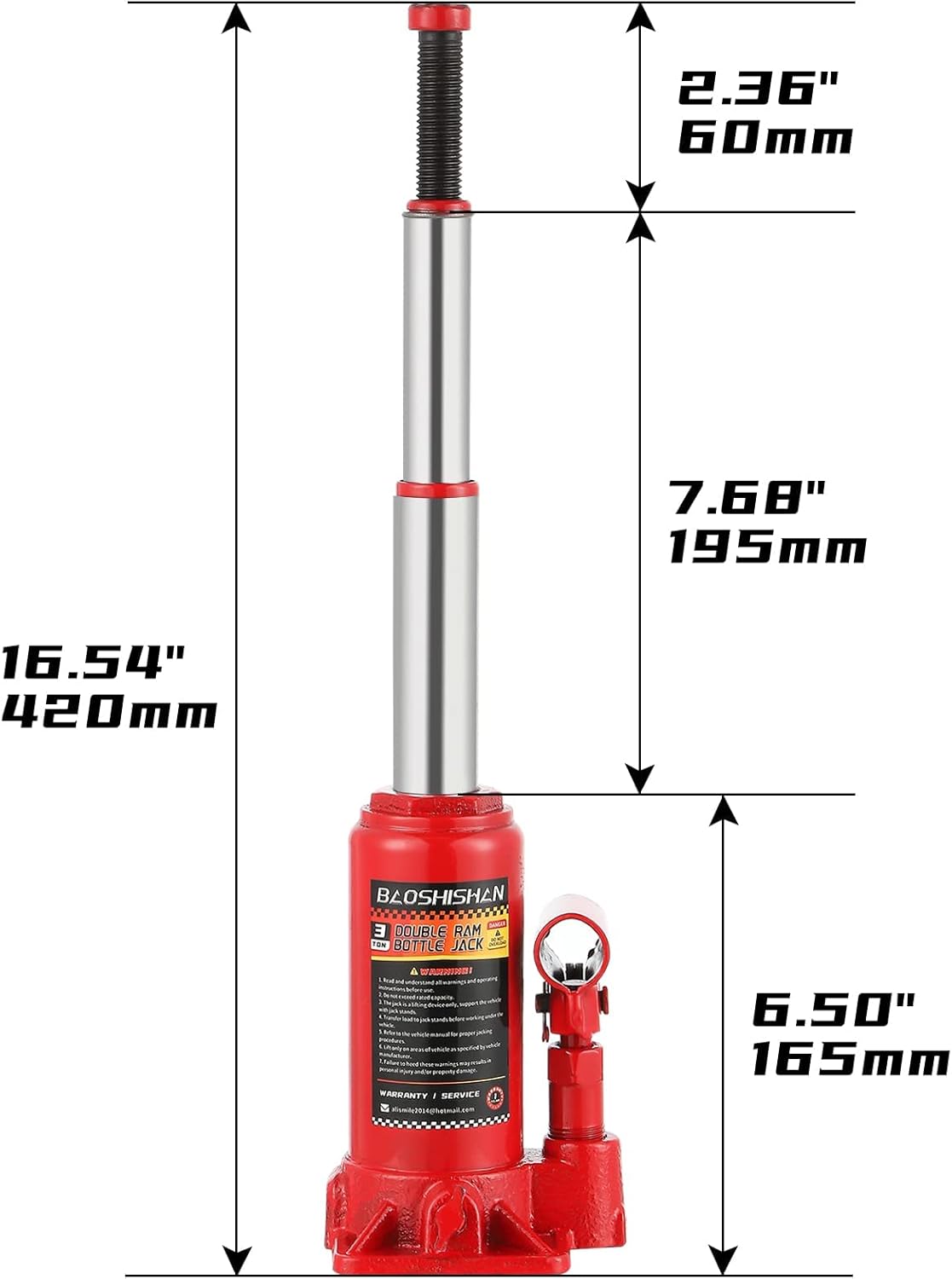 BAOSHISHAN 3 Ton Double Ram Bottle Jack 6-1/2