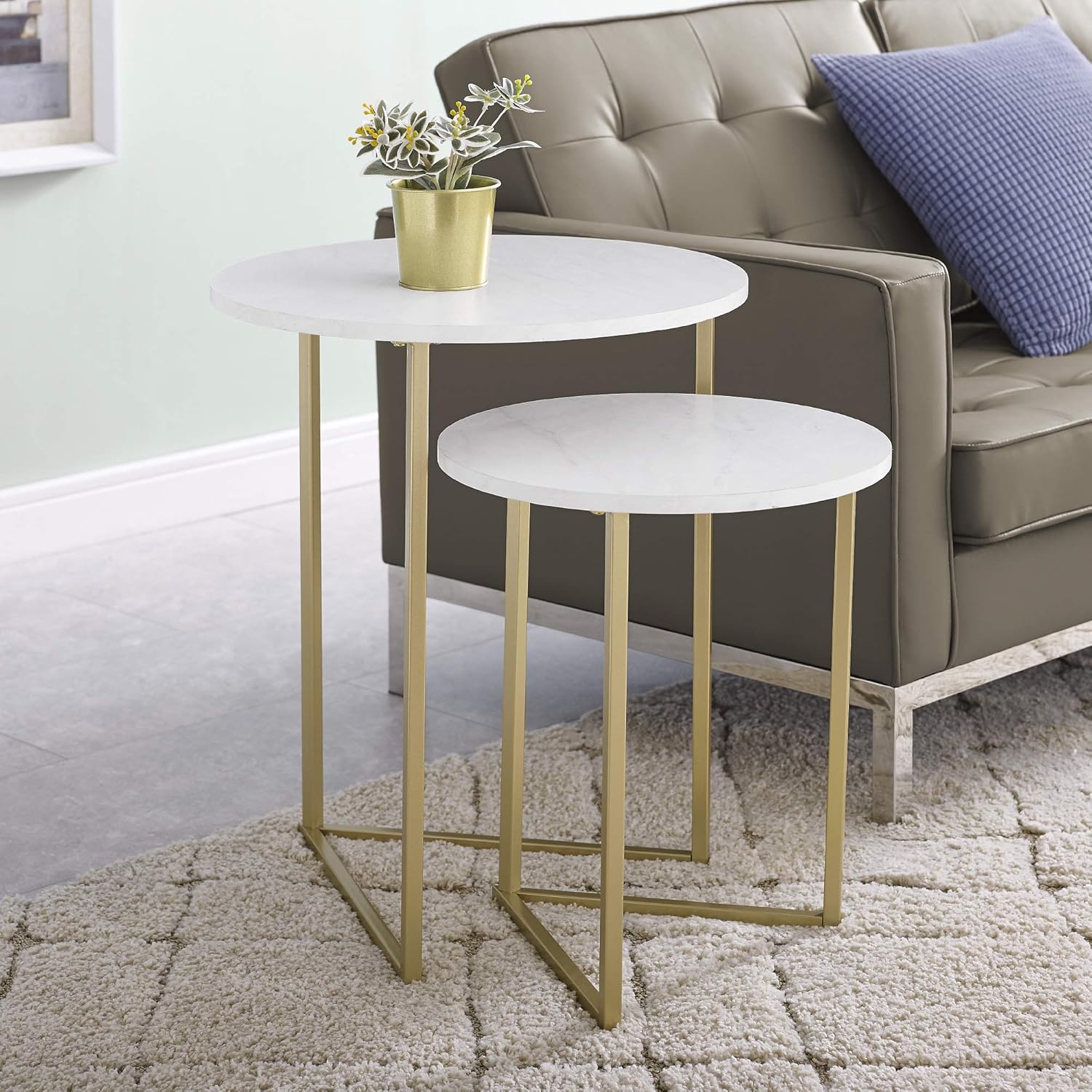 2-Piece V-Leg Nesting Side Tables - White Faux Marble/Gold Pack of 2
