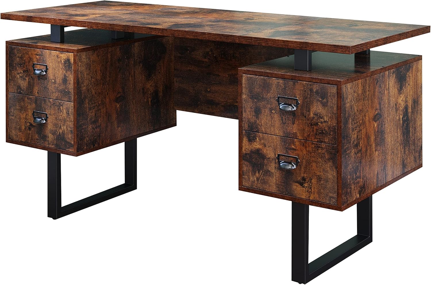 LEEMTORIG Large 59 inch Computer Desk with 4 Storage Drawers, Home Office Writing Study Gaming Table Laptop Workstation, Black Metal Frame, Black & Rustic Brown Top