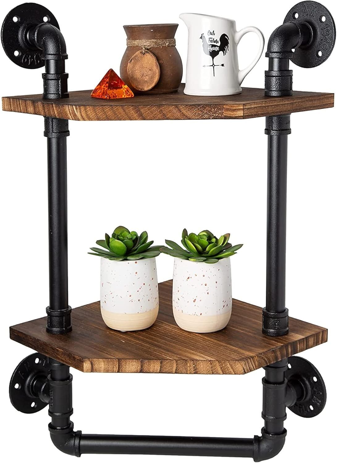 Bathroom Corner Shelf w/ Pipe Towel Bar &ndash; Farmhouse Towel Rack Made of Paulownia Wood and Cast Iron, Pipe Rack in Black Matte &ndash; Hand Towel Holder for Rustic D&eacute;cor w/ 2-Tier Shelf - Rustic White