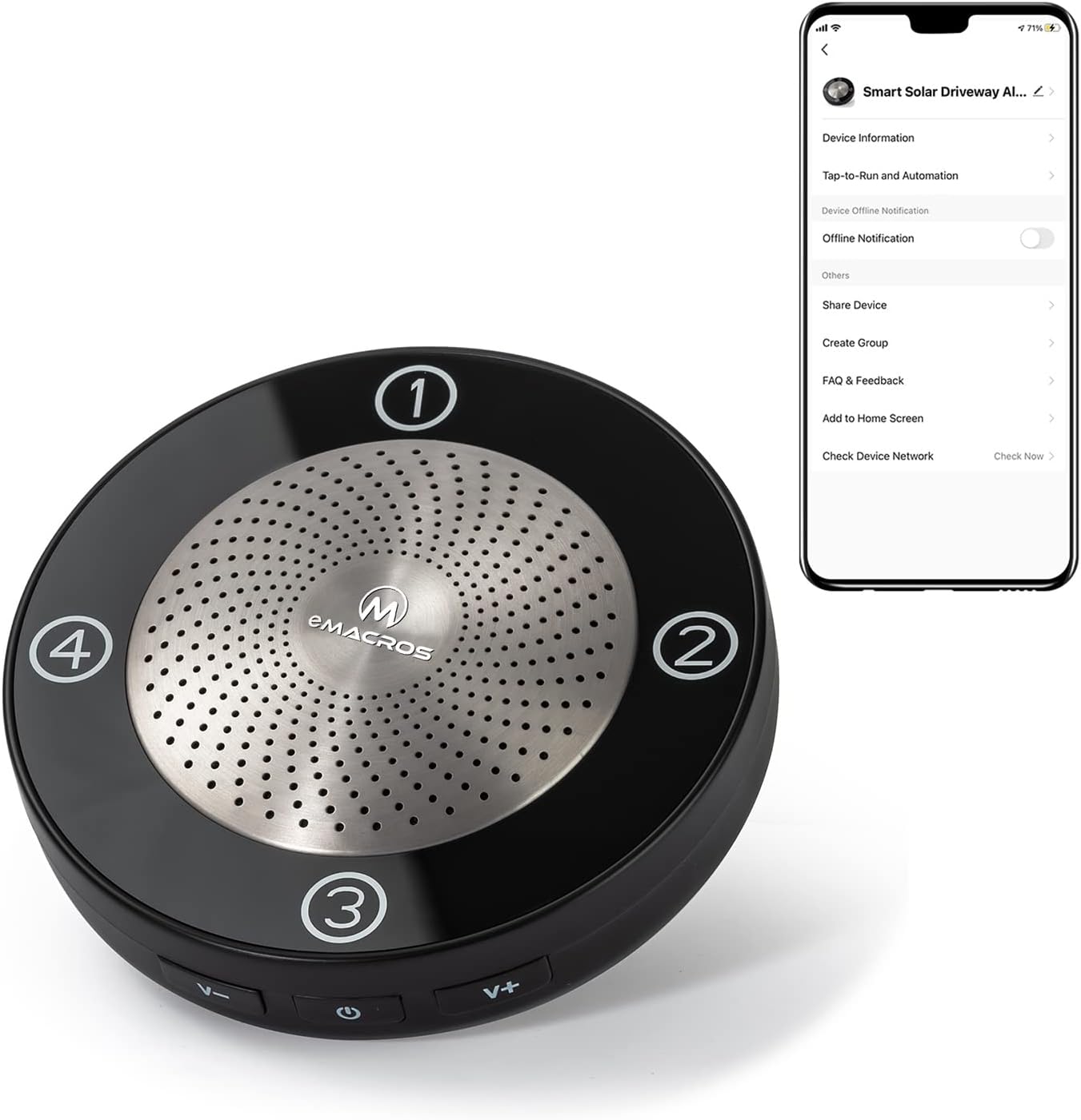 eMACROS Upgraded Smart Wireless Driveway Alarm,1/2 Mile Range Solar-Powered Motion Sensor, App for Remote Arm/Disarm & Alerts & Custom Chimes, Compatible with Pairable Solar Sensor,No Hub Required!