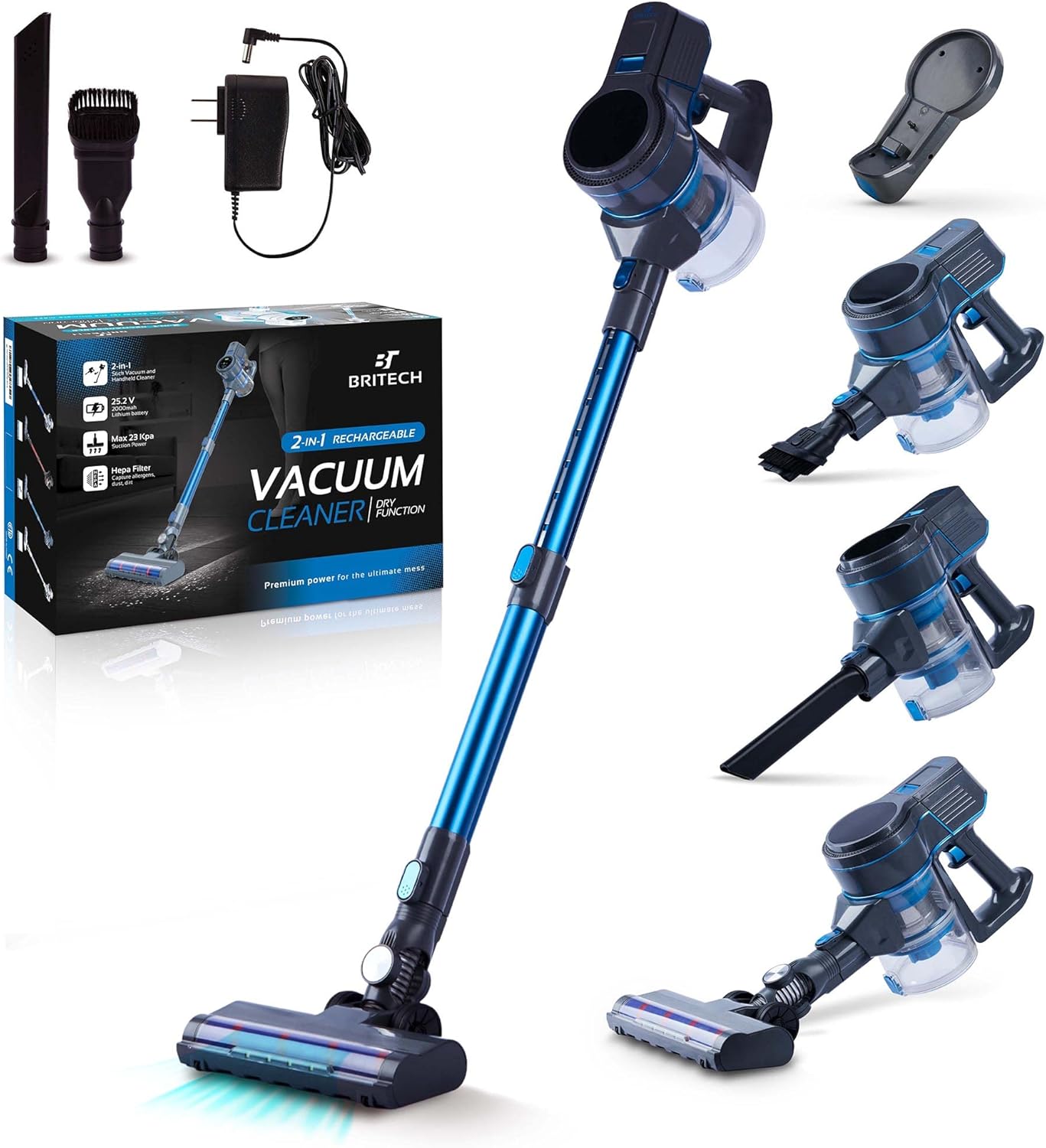 Britech Cordless Lightweight Stick Vacuum Cleaner, 250W Motor for Powerful Suction 30min Runtime, LED Display Screen & Headlights, Great for Carpet Cleaner, Hardwood Floor & Pet Hair (White)