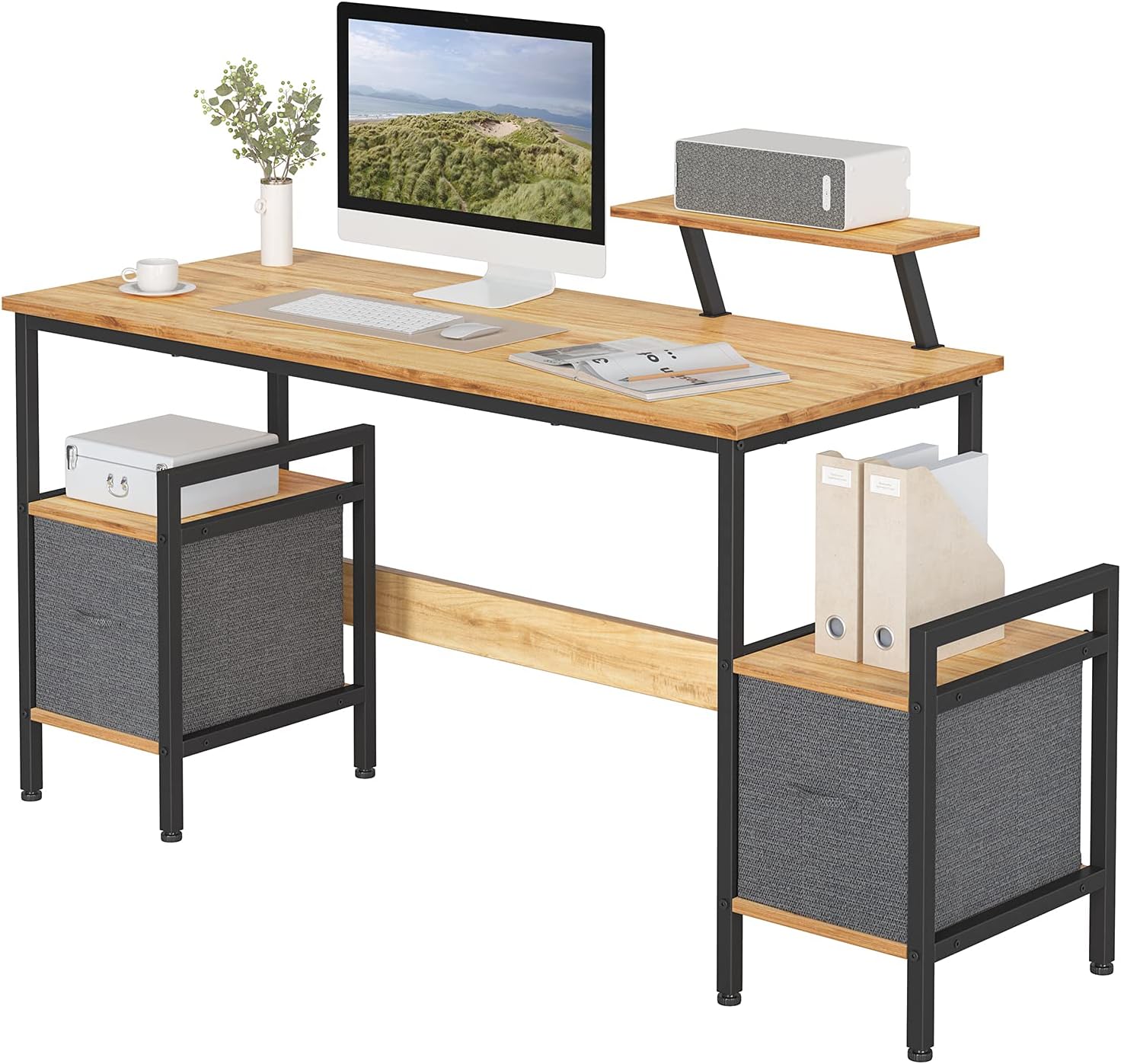 BANTI Computer Desk 55 Inch Home Office Multipurpose Writing Desk with Extra Storage Rack and Moveable Shelf,Black