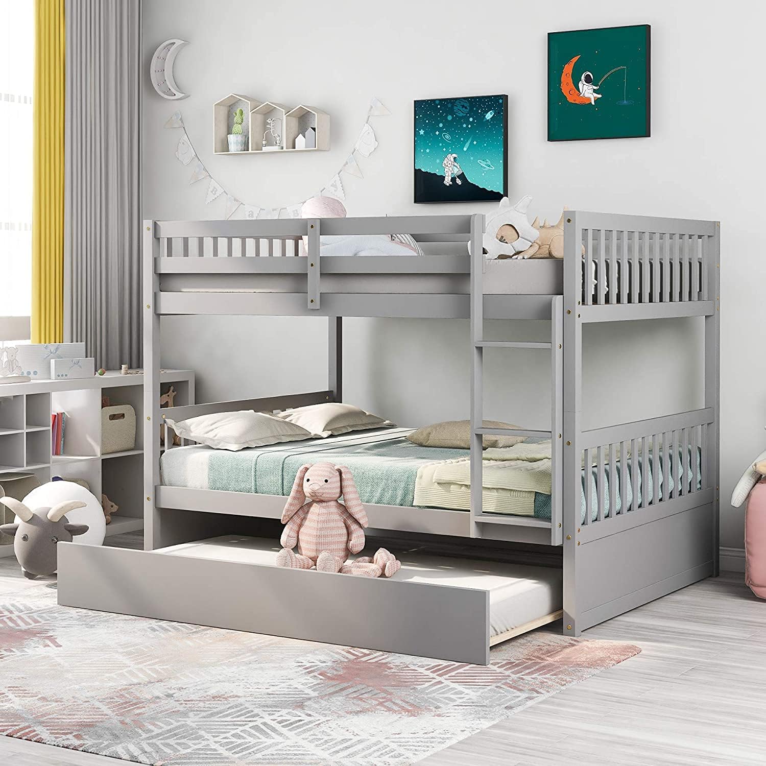 Full Bunk Bed with Trundle, Rockjame Upgrade Space Saving Design Bedroom Furniture Wood Full Over Full Bunk Bed Frame with Ladder and Safety Rail (Gray)