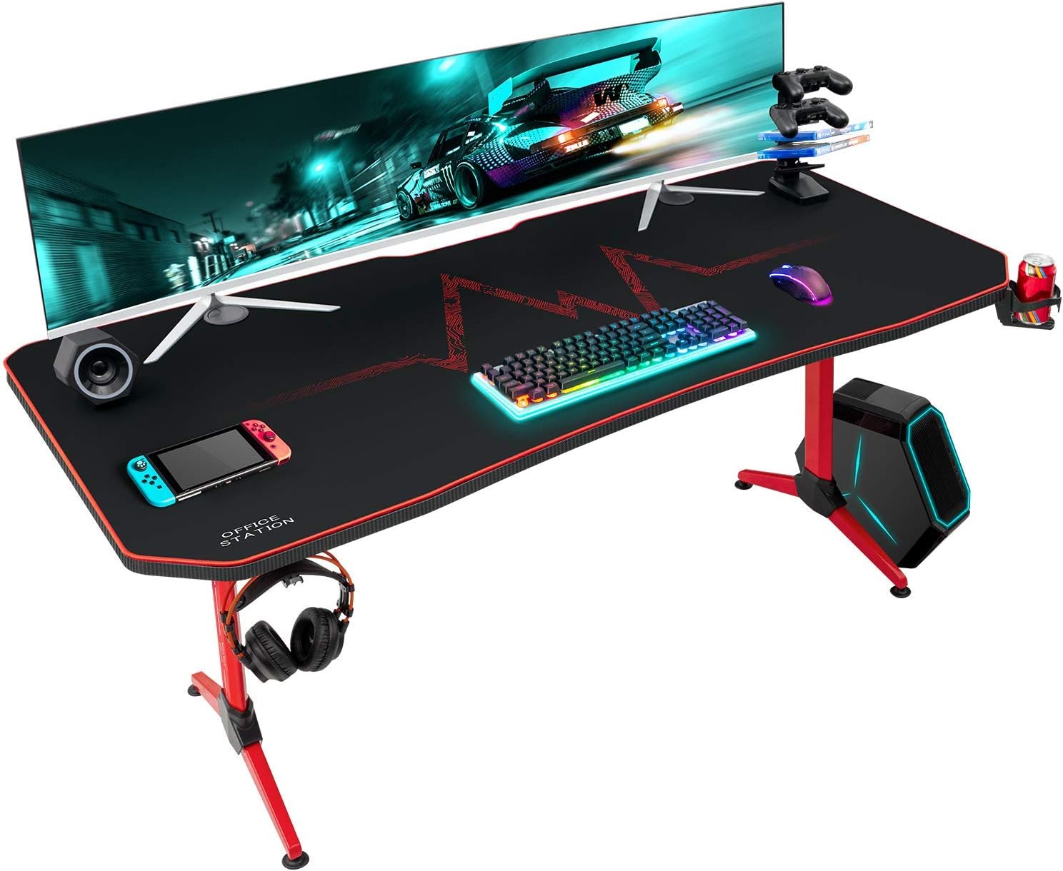 Furmax 55 Inch Gaming Desk T-Shaped PC Computer Table with Carbon Fibre Surface Free Mouse Pad Home Office Desk Gamer Table Pro with Game Handle Rack Headphone Hook and Cup Holder (Black)