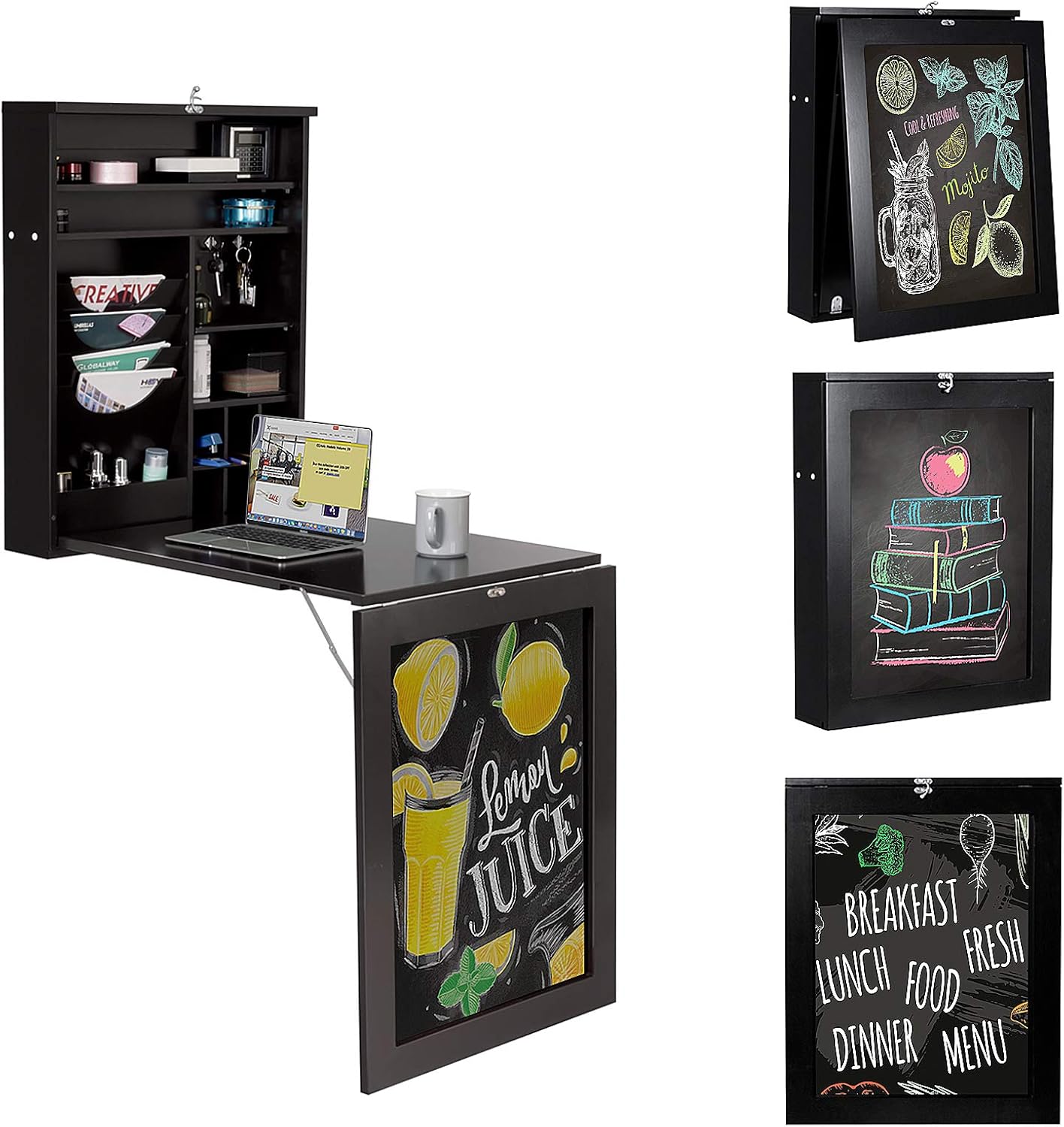 Tangkula Wall Mounted Desk, Floating Desk with Chalkboard, Space Saving Fold Up Desk Wall Mount Convertible Desk, Multi-Function Wall Mounted Table with Storage Shelves & Hooks（No Assembly Required）