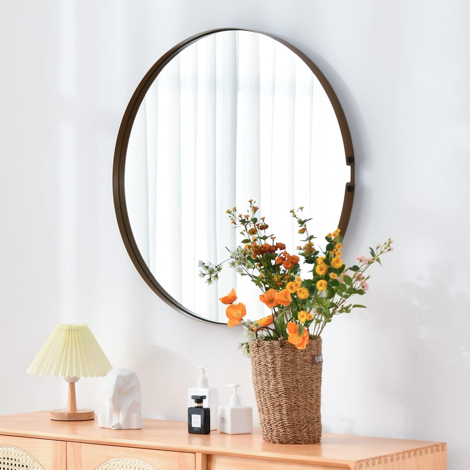 Round Wall Mirror 24 inch,Wall Mounted Circle Mirror with Powder Coated Black Metal Frame,Modern Wall Decor for Bathroom,Living Room,Bedroom,Entryway,Vanity SY-7402B