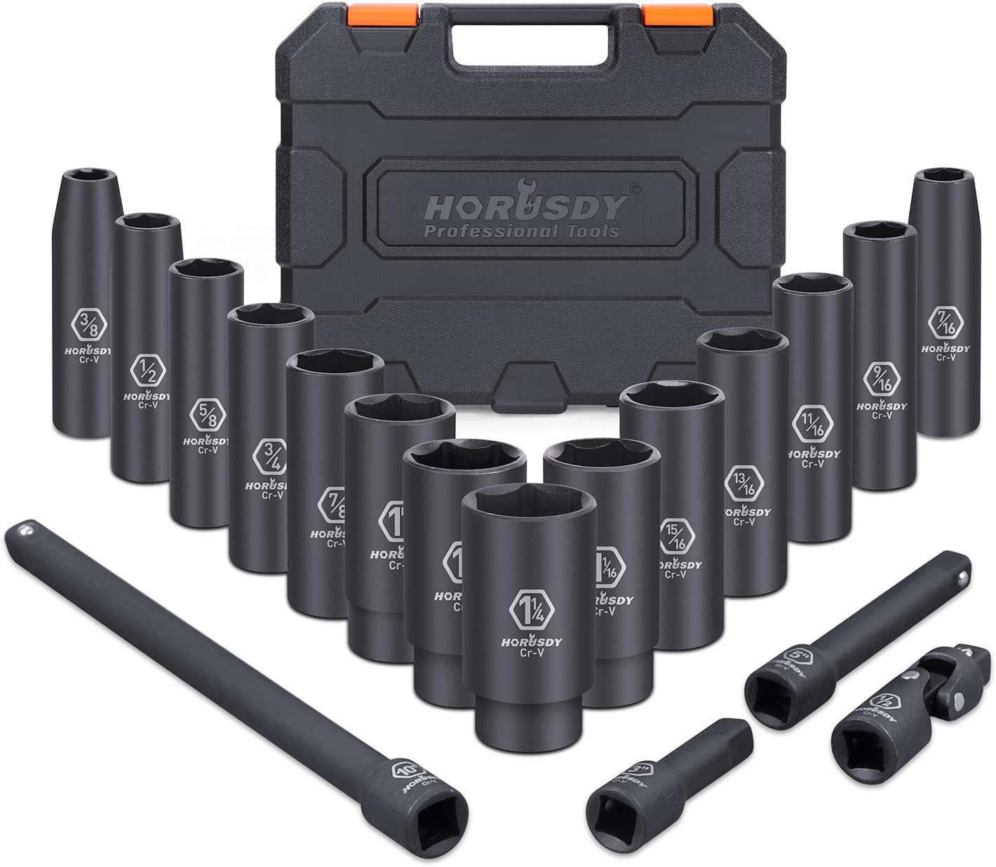 HORUSDY 1/2-Inch Drive Deep Impact Socket Set, 6 Point, 18-Piece 3/8-1-1/4 inch Drive Impact Sockets Set