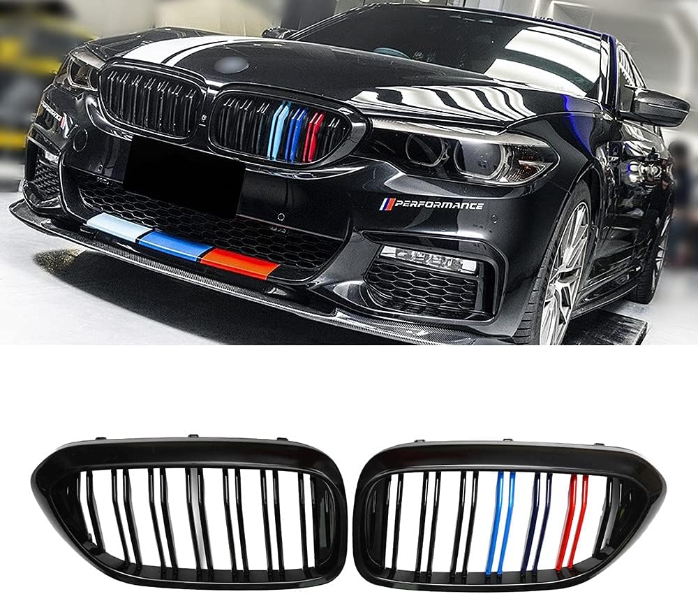 SNA G30 Grille, Front Kidney Grill Compatible for 2017-2020 BMW 5 Series G30 (ABS Double Slats Gloss Black Grills, 2-pc Set) Pack of 2