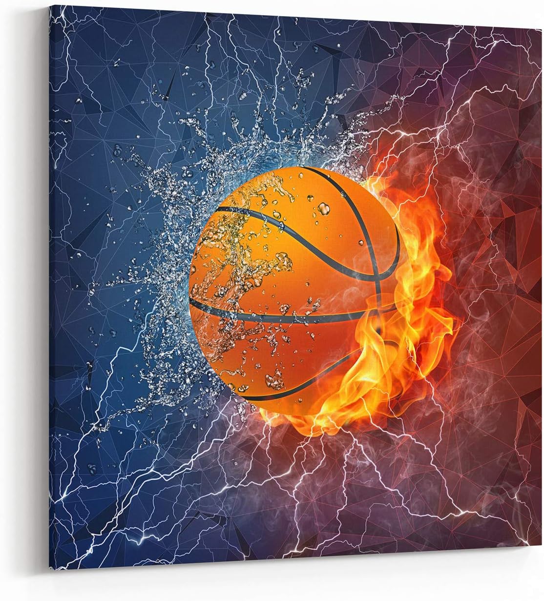 Basketball Canvas Wall Art, Cool Sport Ball on Fire and Water Abstract Giclee Print Home Decor Ready to Hang, 20x20 Inch