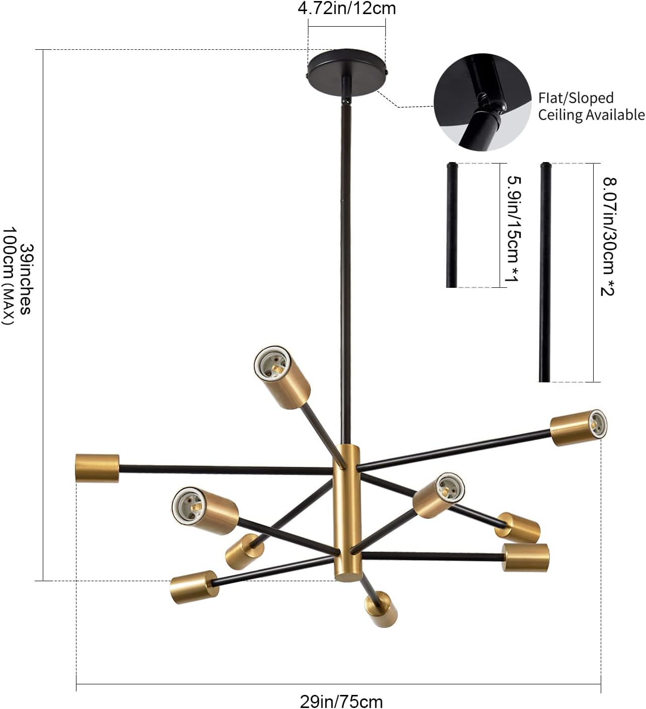 KUCICO Modern Sputnik Chandeliers, Mid Century Chandelier Light Fixture,10-Light Black and Gold Industrial Ceiling Pendant Lighting for Dining Room , Kitchen Island, Living Room,Bedroom,Farmhouse