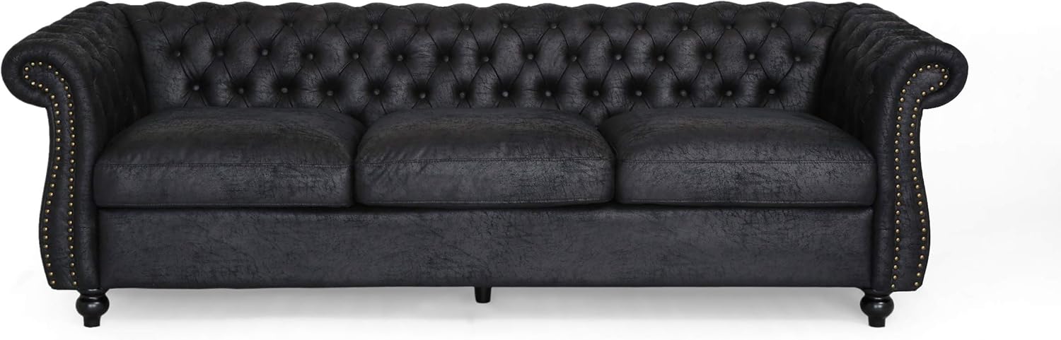 Vita Chesterfield Tufted Microfiber Sofa with Scroll Arms, Black