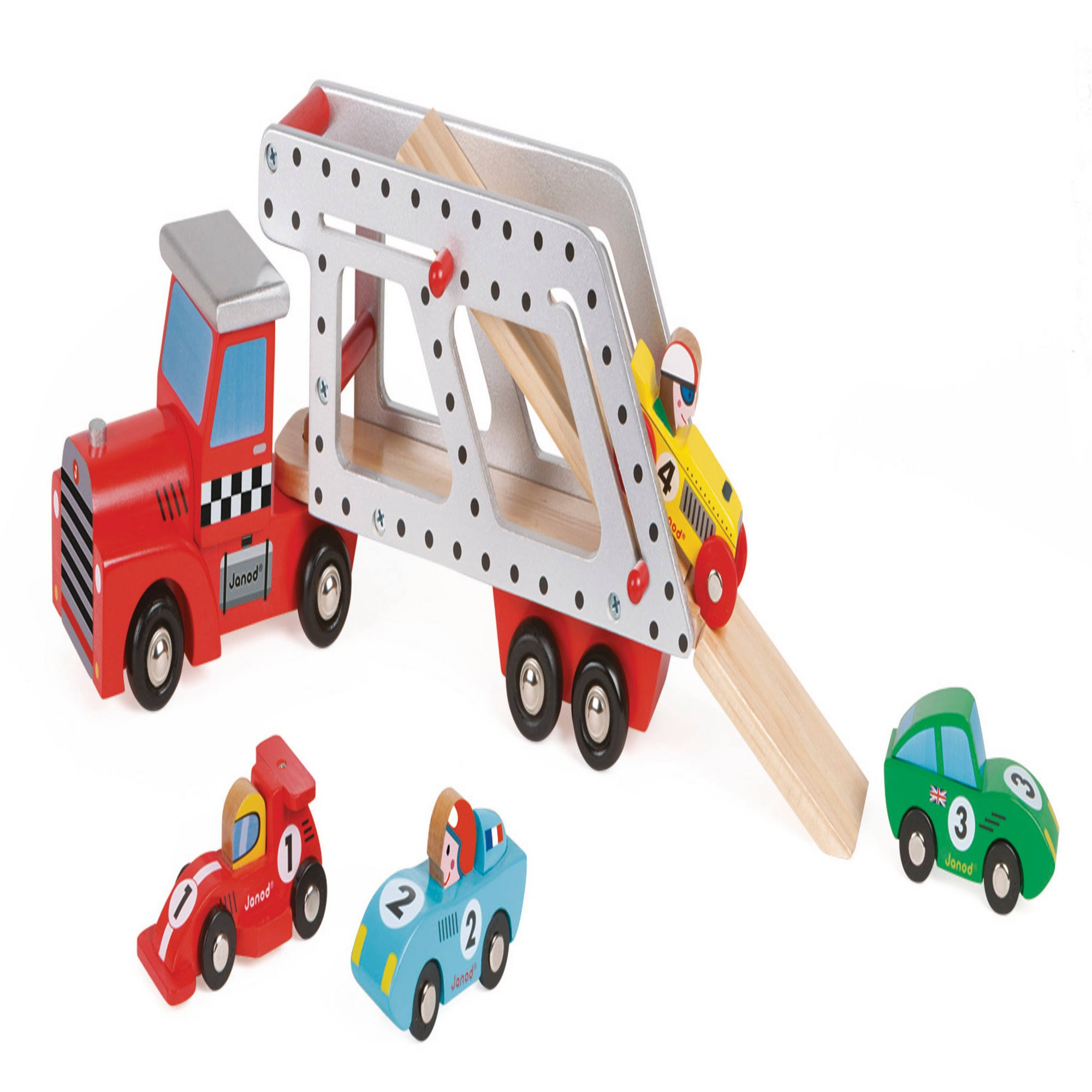 Janod Story Car Transporter Lorry 4 Racing Cars