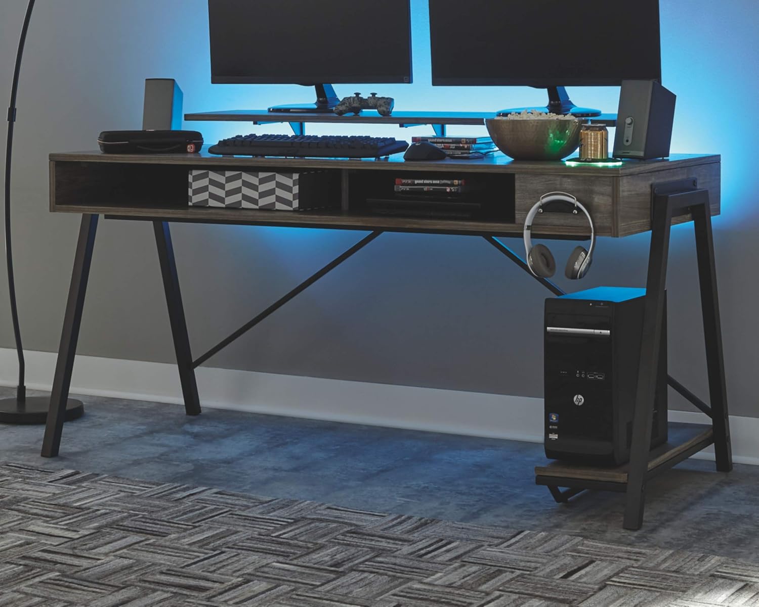 Signature Design by Ashley Barolli Gaming Desk with LED Back Light & Multiple Color Options, Grayish Brown