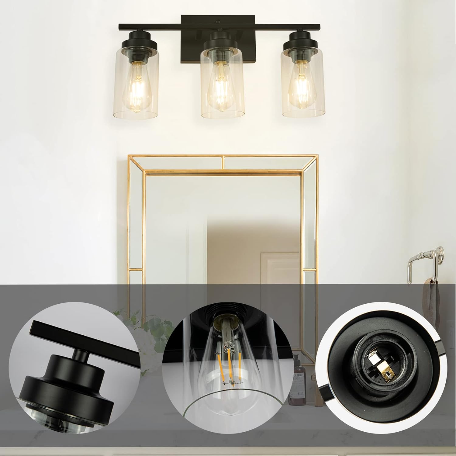 SOTTAE Industrial Bathroom Vanity Light Fixtures,3 Light Matte Black Modern Wall Mount Lighting Lamp with Clear Glass Shade for Bathroom Mirror Powder Room Halllway
