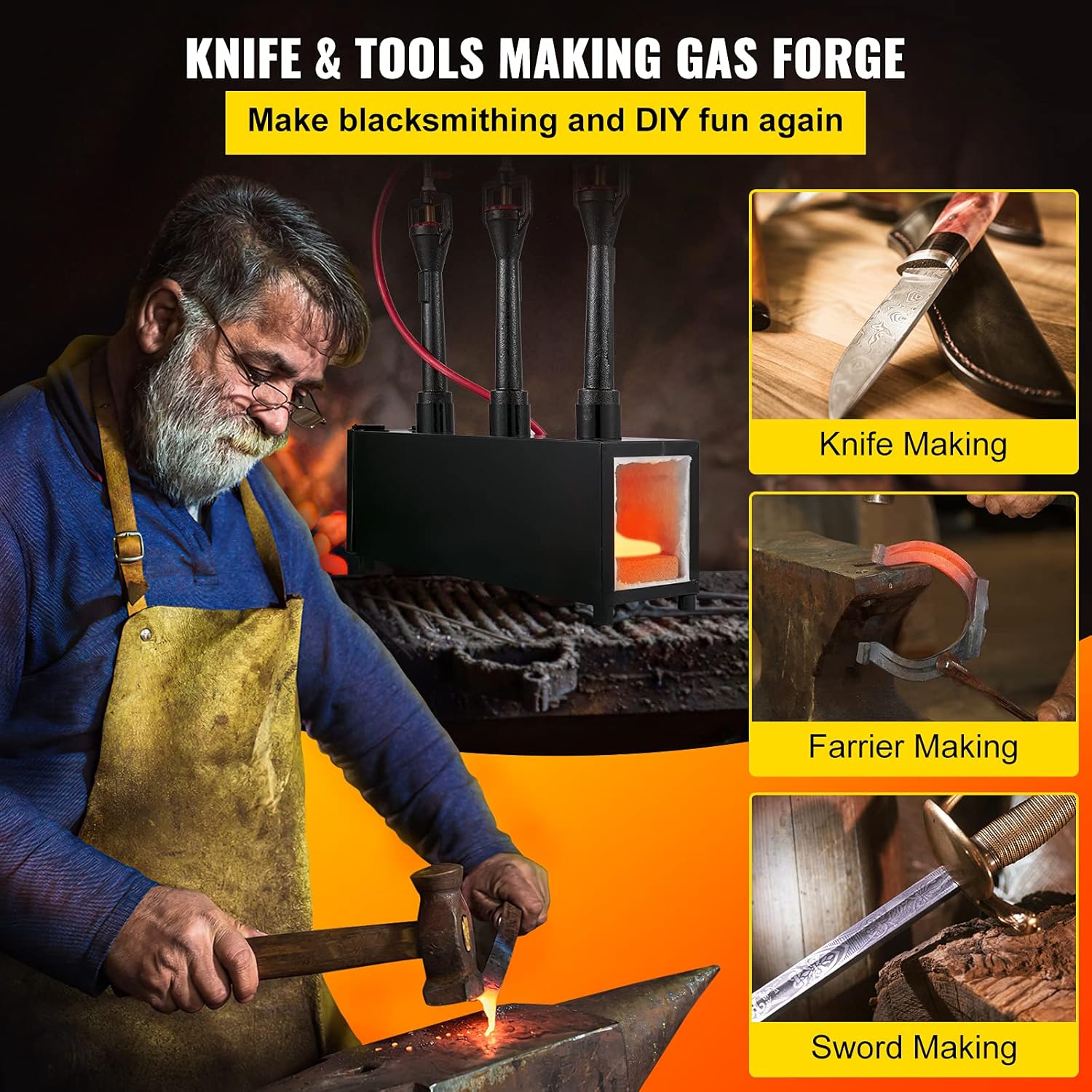 VEVOR Propane Knife Forge, Blacksmithing Forge with Three Burners, Portable Propane Forge with Single Durable Door, Large Capacity Farrier Forge, Square Propane Burner Forge for Knife and Tool Making