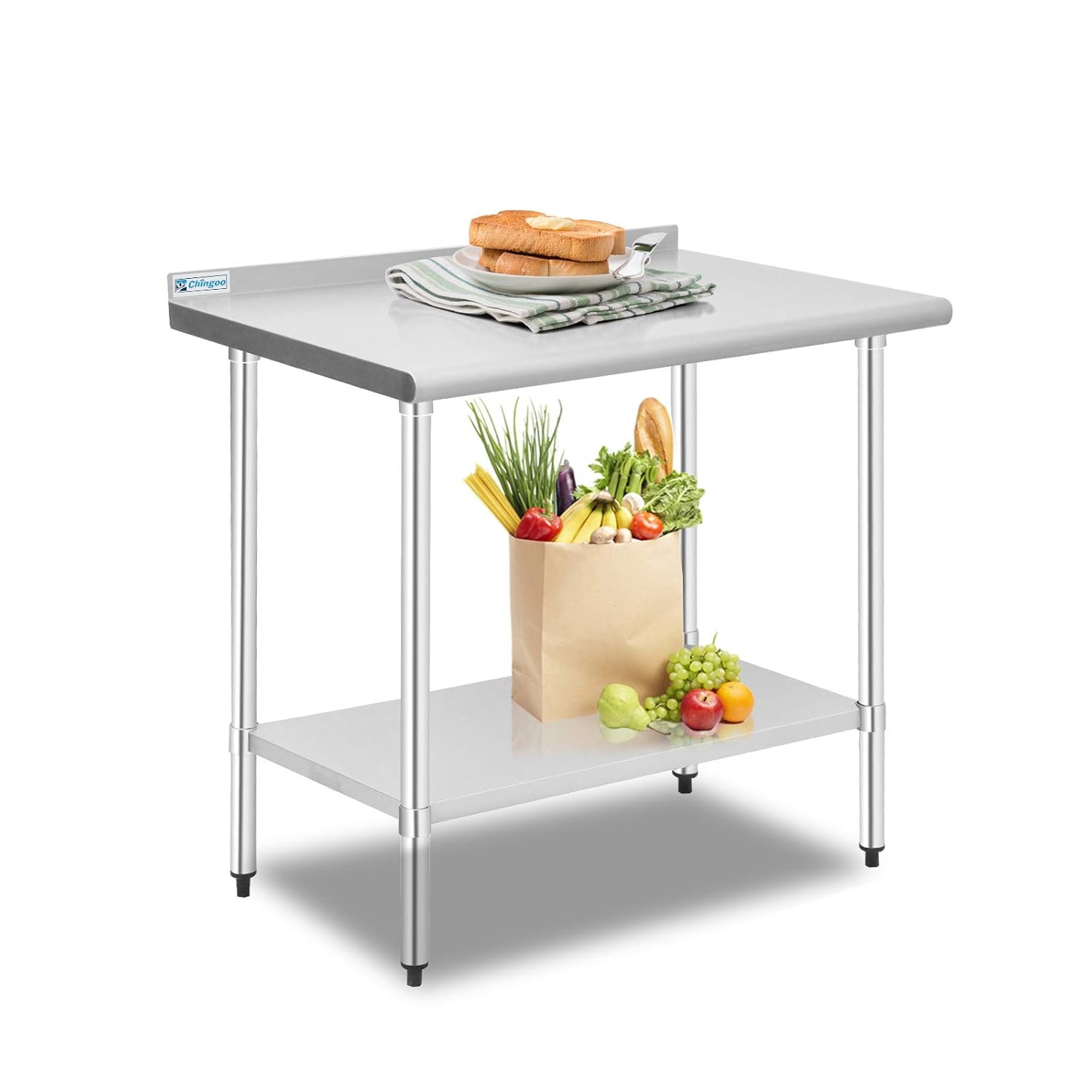 Chingoo Stainless Steel Table 24x48 Inches with Backplash Commercial Heavy Duty Prep Table with Undershelf for Restaurant, Home and Hotel