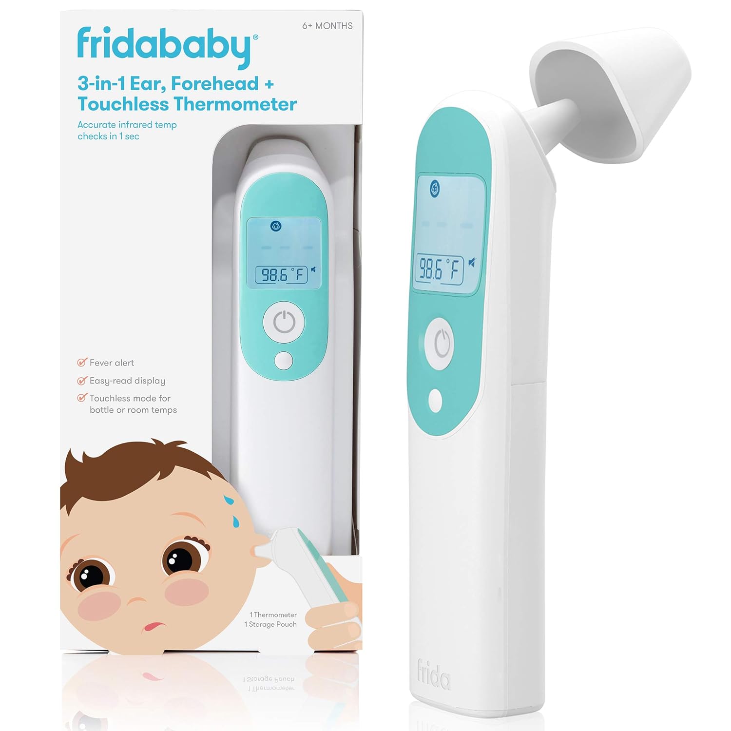 Infrared Thermometer 3-in-1 Ear, Forehead + Touchless for Babies, Toddlers, Adults, and Bottle Temperatures by Frida Baby Pack of 2