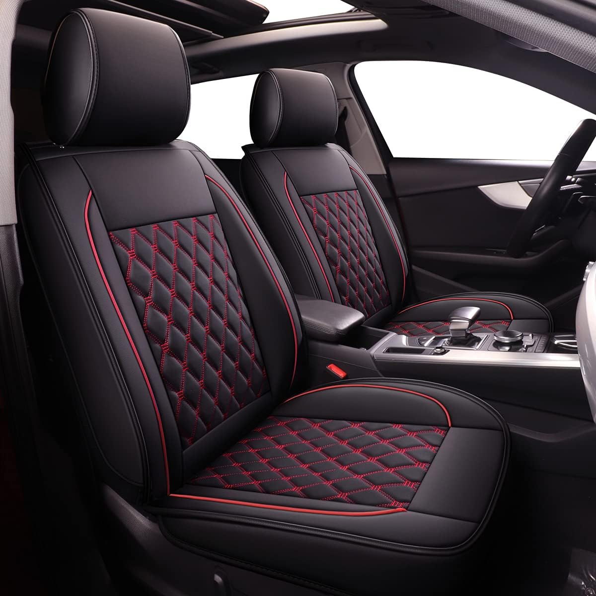 OSEHYL Car Seat Covers Luxury Leather Protector Universal Fit Full Set Upgraded Waterproof Breathable Full Coverage Wear-Resistant Non-Slip Vehicle Cushion Covers for SUV Cars Pickup Truck (Black&Red)