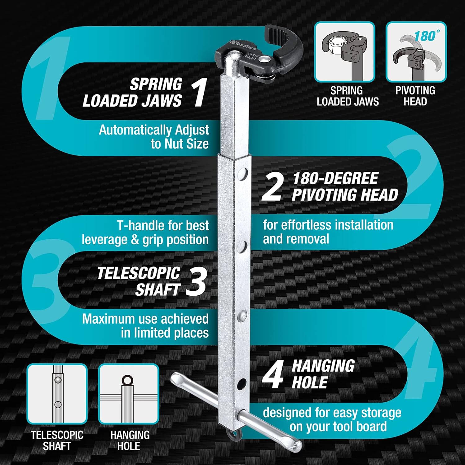 DURATECH Telescoping Basin Wrench, Sink Wrench, Adjustable 3/8'' to 1-1/4'' Capacity Jaw with 10