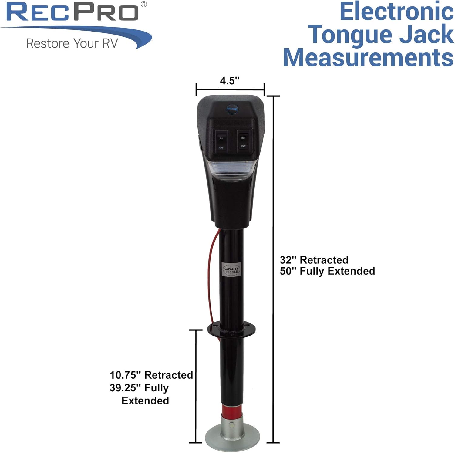 RecPro RV Electric Tongue Jack | 3500 lb Capacity | Black | Camper (Trailer) Power Jack