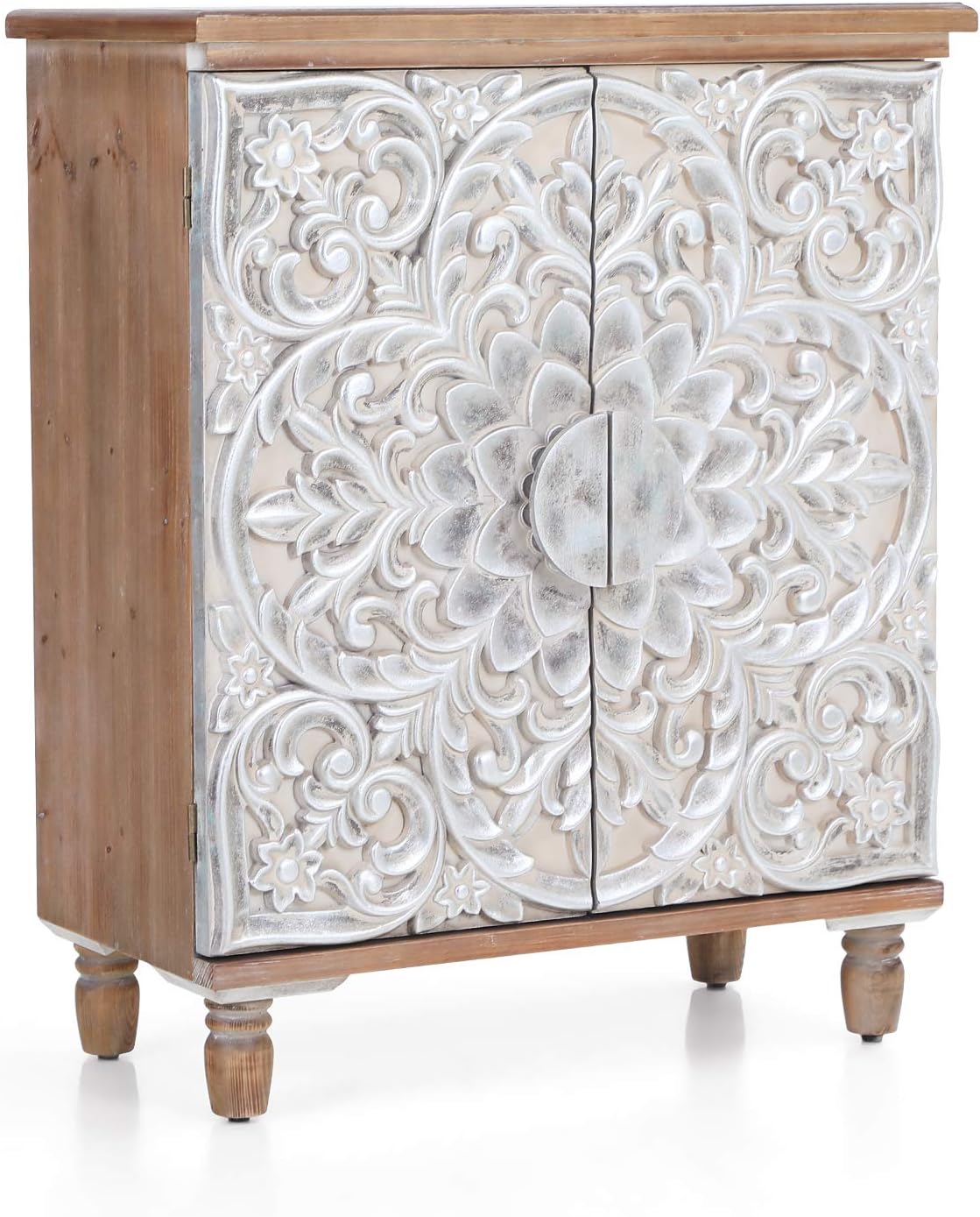 Sophia & William Storage Cabinet with 2 Doors, Accent Display Organizer Distressed Console Cabinet with Wooden Frame and Carved Birds for Entryway Living Room Bedroom 29.9 x 15 x 31.9 Inch, White