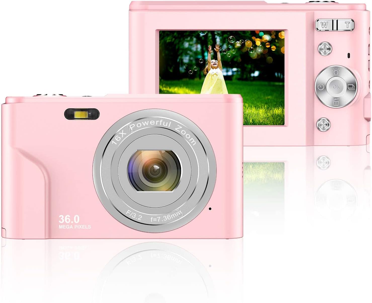 Digital Camera, AOREGRE FHD 1080P 36.0 MP Vlogging Camera with 16X Digital Zoom, 2.4 Inch LCD Screen, Compact Mini Small Camera Gift for Teens, Kids, Students (Pink) Pack of 2