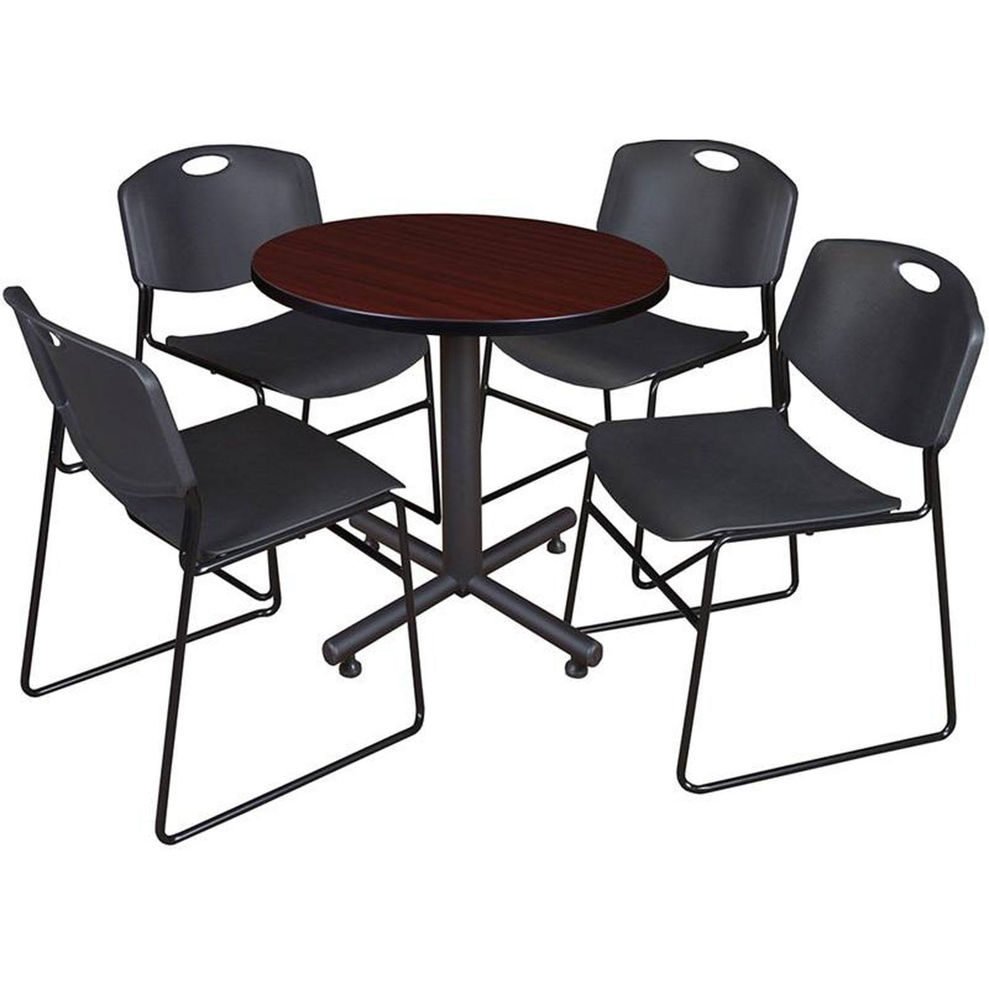 Regency Kobe 30x22 Round Breakroom Table- Mahogany u0026 4 Zeng Stack Chairs- Black
