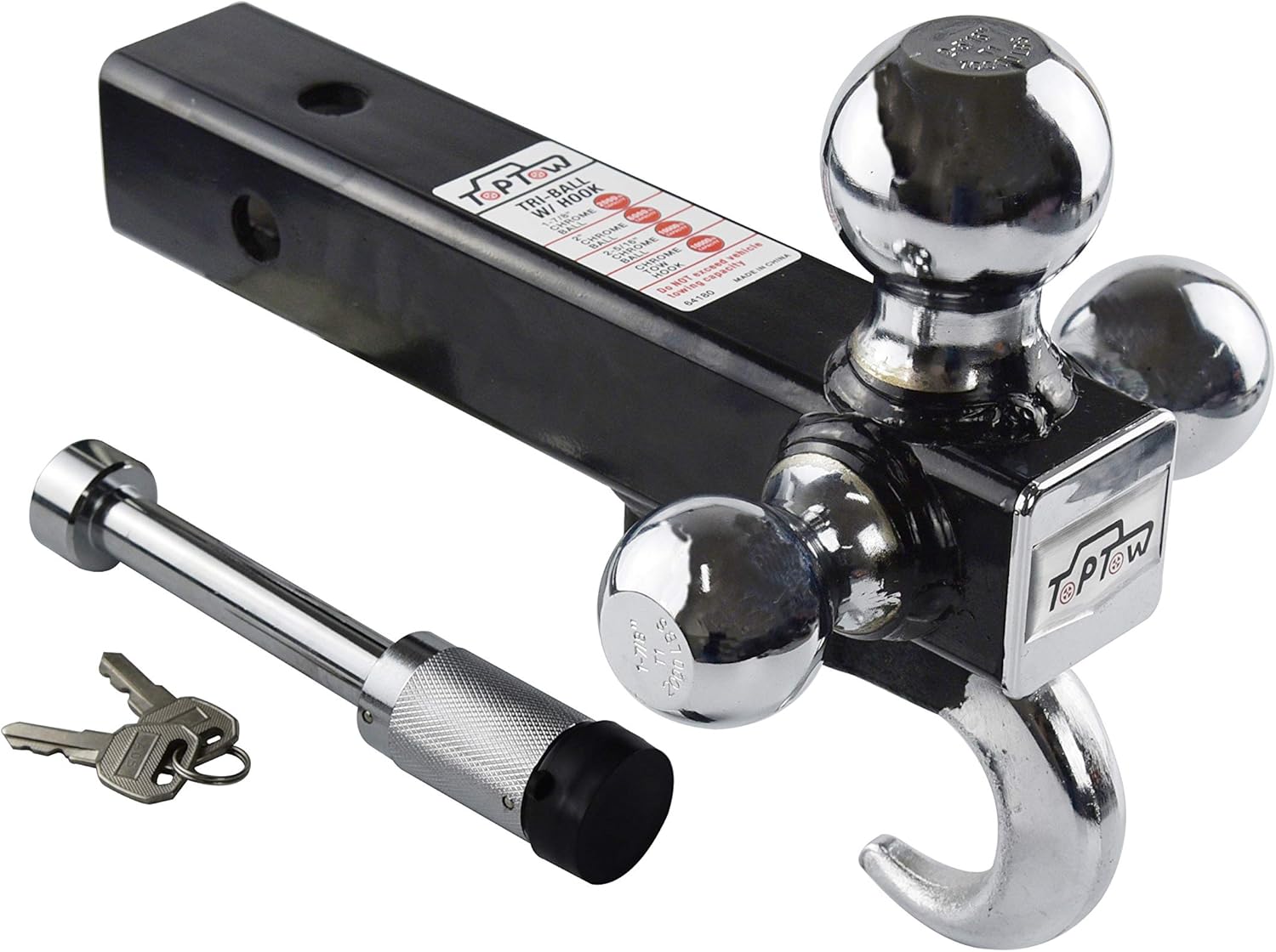 TOPTOW 64180L Trailer Receiver Hitch Triple Ball Mount with Hook, Fits for 2 inch Receiver, Chrome Balls, 2 inch Shank, with 5/8 inch Lock Pack of 2