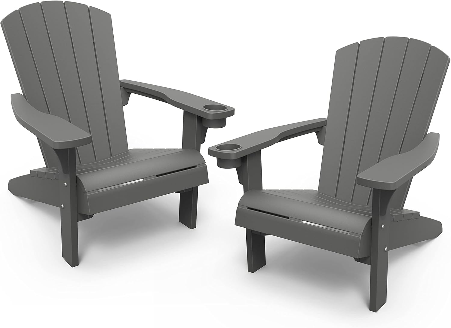 Keter Alpine Adirondack 2 Pack Resin Outdoor Furniture Patio Chairs with Cup Holder-Perfect for Beach, Pool, and Fire Pit Seating, Grey