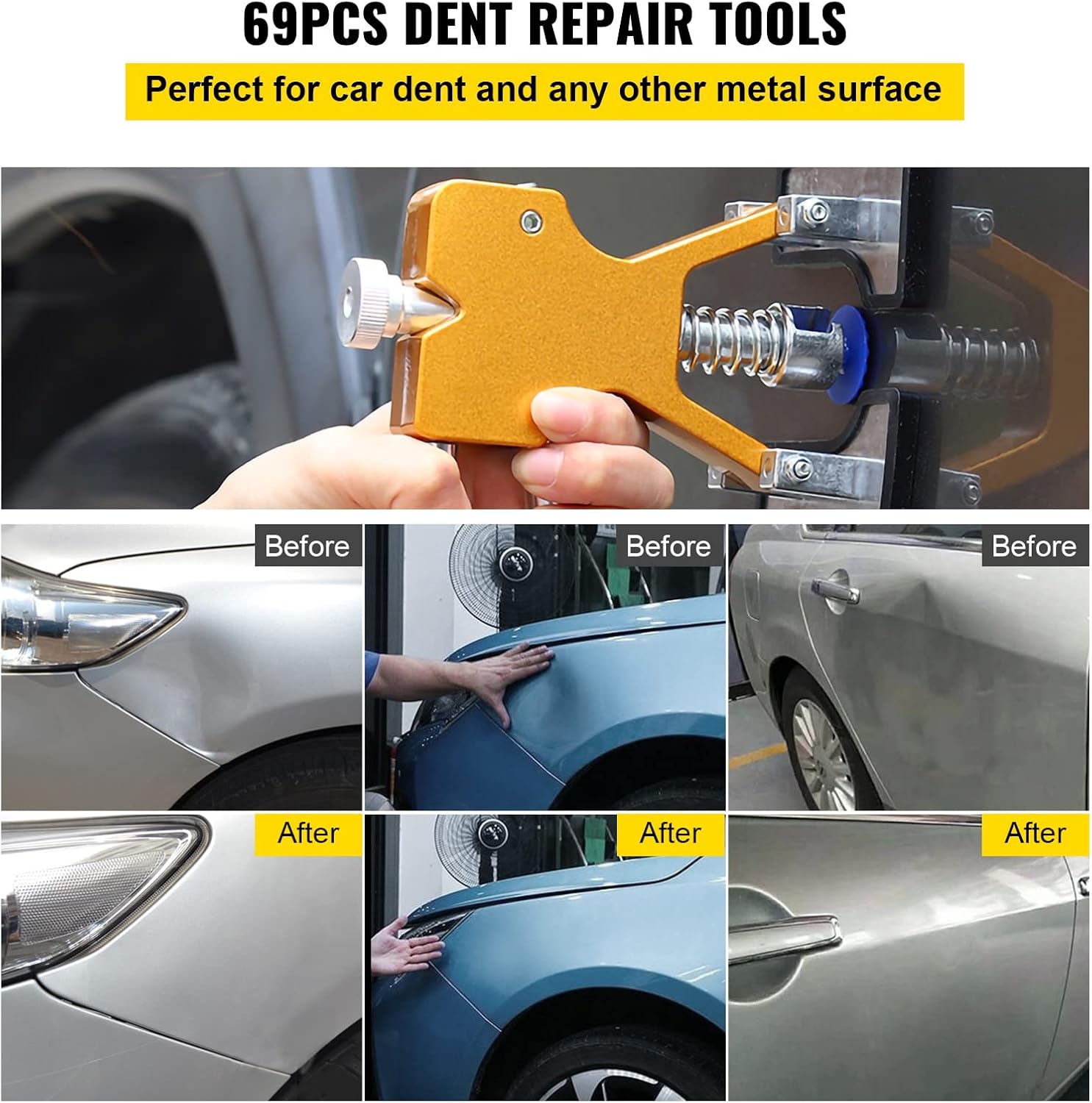 VEVOR Dent Removal Tool, 69 Pcs Paintless Dent Repair Tools, Golden Lifter Car Dent Repair Kit, Glue Puller Tabs Dent Puller Kit for Auto Dent Removal, Minor Dents, Door Dings and Hail Damage Pack of 2