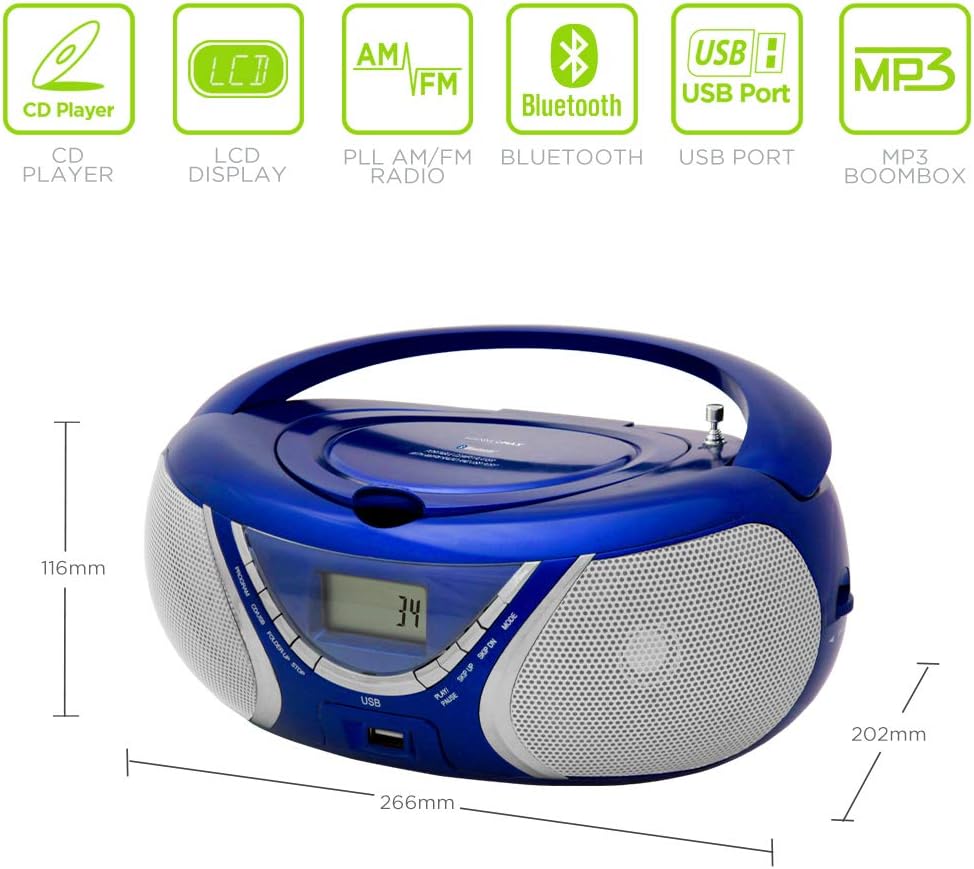 HANNLOMAX HX-321CD3 Portable CD/MP3 Boombox, AM/FM Radio, Bluetooth, USB Port for MP3 Playback, Aux-in (Blue)