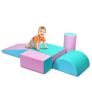 Costway 5-Piece Set Climb and Crawl Activity Play Set Safe Foam Blocks Soft Climber Pink
