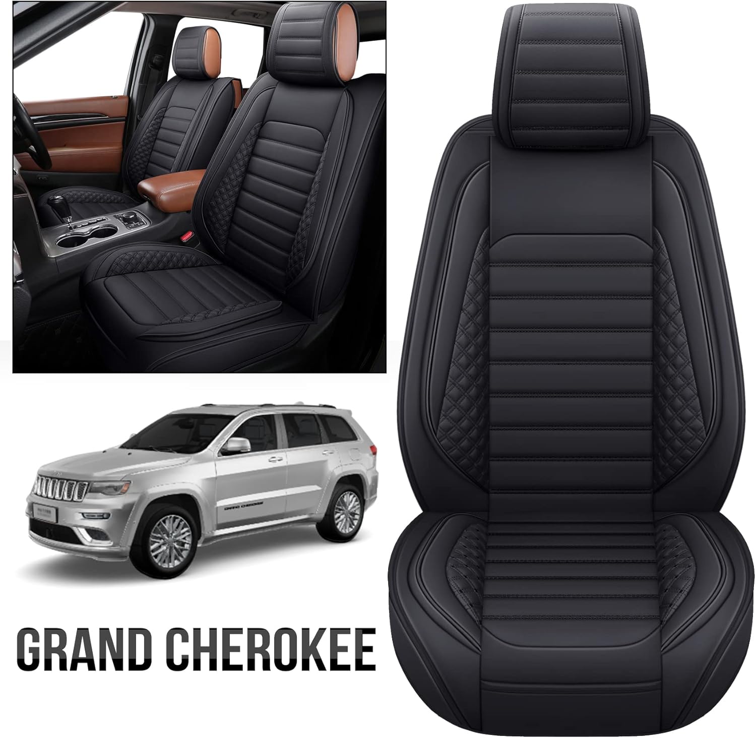 YIERTAI for Jeep Grand Cherokee Seat Covers Fit 2011-2022 Laredo Limited Classic Overland Trackhawk Front Seats Airbag Compatible Waterproof Leather Cushion Protectors(2 PCS Front/Black-White)