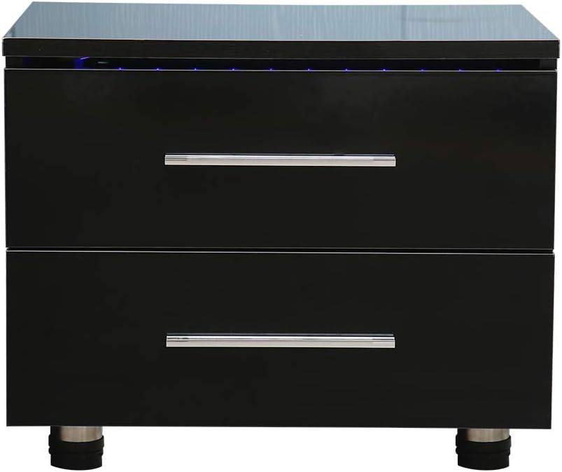 WINUS LED Nightstand, Bedroom CTGB-008 Black/CTGW-008 White/Black/White Modern High Gloss LED Lights Nightstand Bedside End Table with 2 Drawers Gloss Night Stand Cabinet for Home, Hotel (Black)