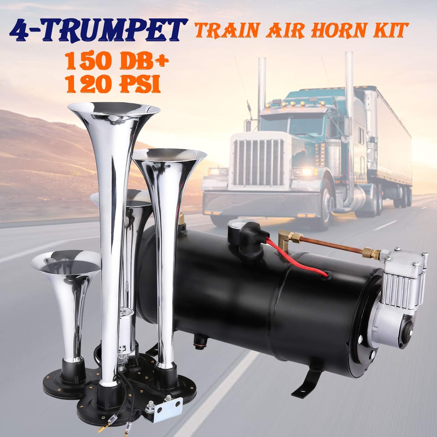 150DB Super Loud Train Horns kit for Trucks, 4 Air Horn Trumpet for Car Truck Train Van Boat, with 120 PSI 12V Compressor and Gauge (Dark Black)