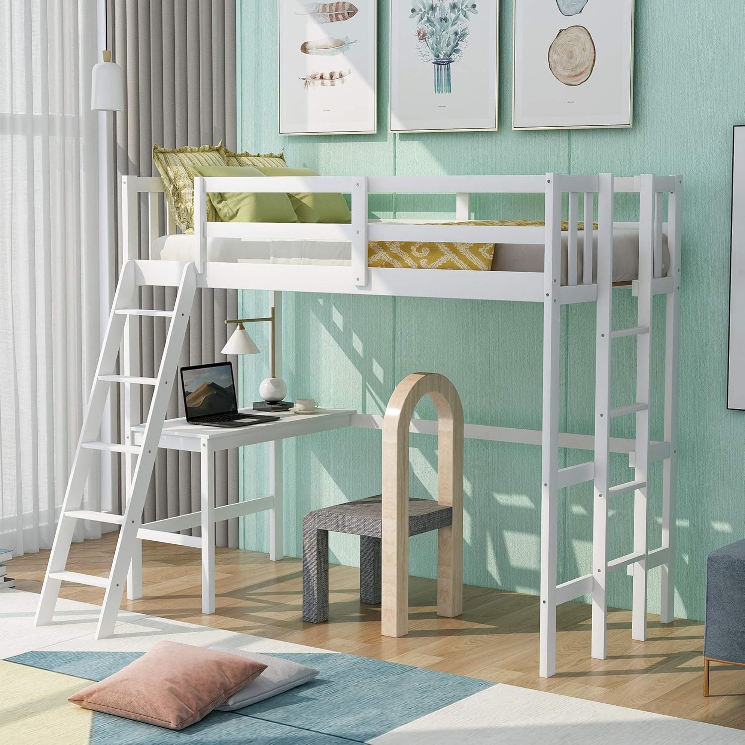 Wooden Twin Size Loft Bed, Rockjame Wood Loft Bed with Under-Bed Desk and Two Ladders for Teens Adult, Loft Twin Bed for Bedroom Dorm Space Saving Design (Gray)