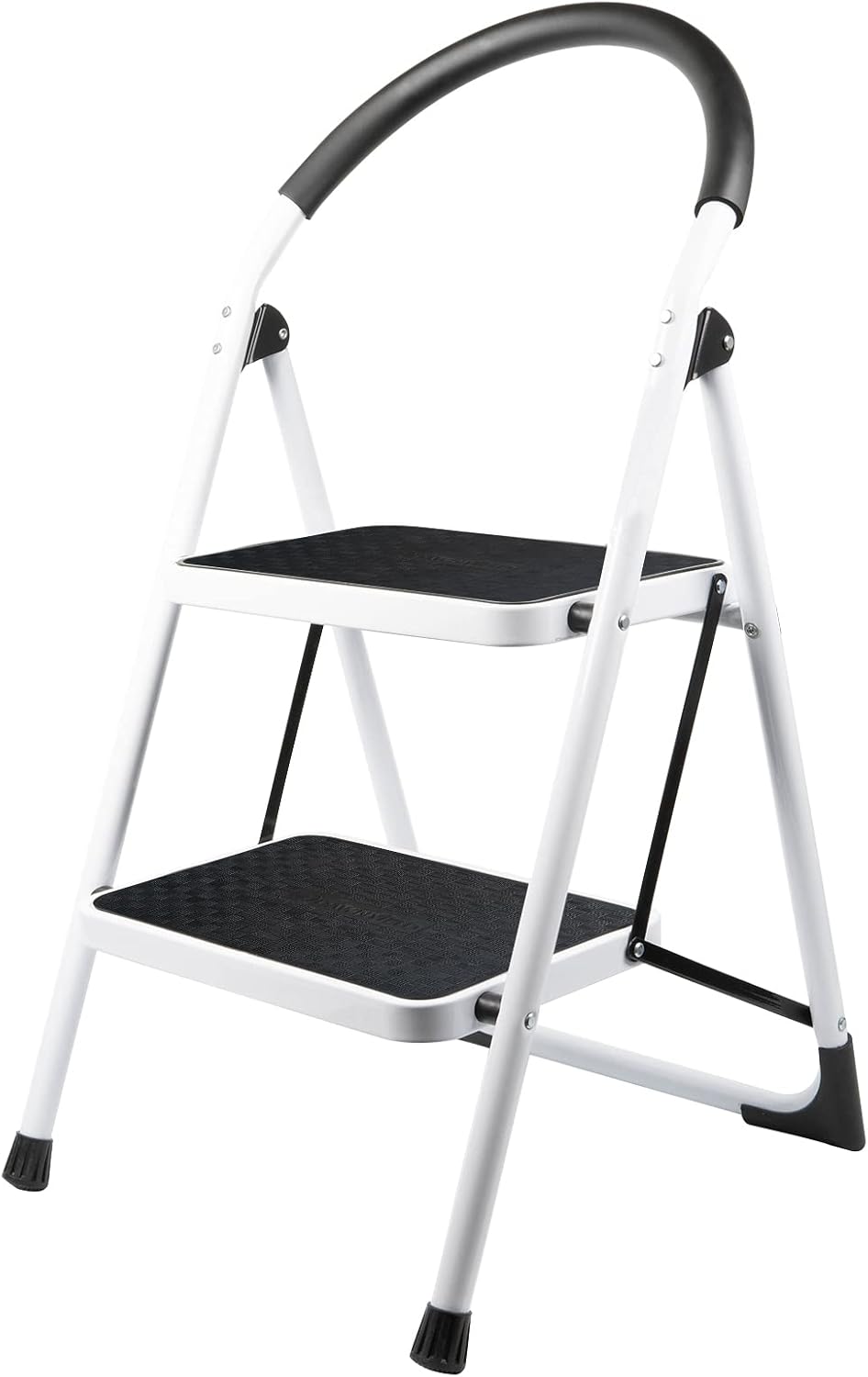 DAWNYIELD 2 Step Folding Ladder 330 LB Capacity with Arc-Shaped Handrail Metal Safety Ladder with Anti-Slip Base and Wide Pedal Multi-Use Lightweight Ladder for Kitchen Pantry Closets Library Office Pack of 2