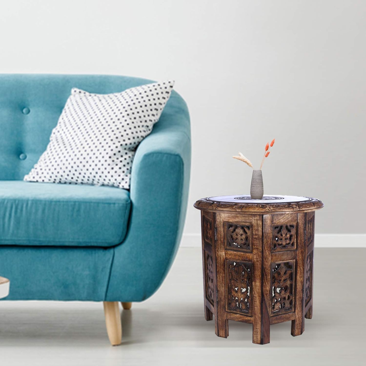 Solid Wood Hand Carved Accent Table, Side Table, entryway Table, Wooden end Table, Bedside Table, Octagonal Wooden Table - 15 Inch Round Top x 15 Inch High - Burnt