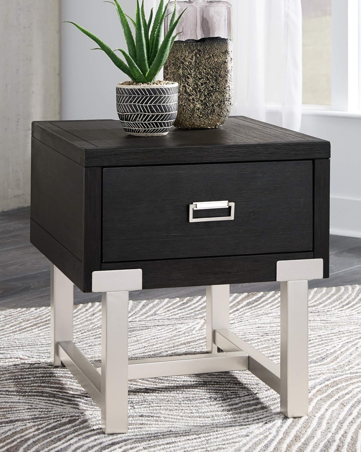 Signature Design by Ashley Chisago Contemporary Rectangular End Table with Outlets and USB Ports, Black & Silver