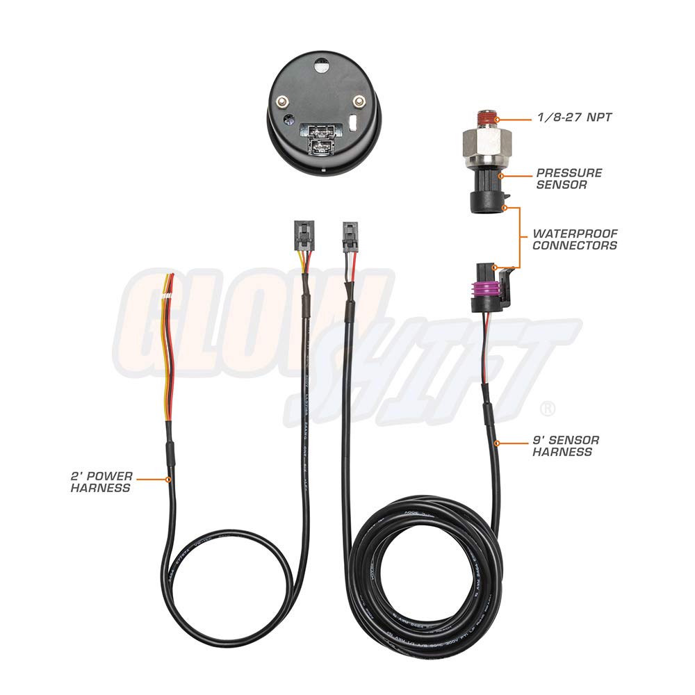GlowShift Tinted 7 Color 1,600 PSI Nitrous NOS Pressure Gauge Kit - Includes Electronic Sensor - Black Dial - Smoked Lens - 2-1/16