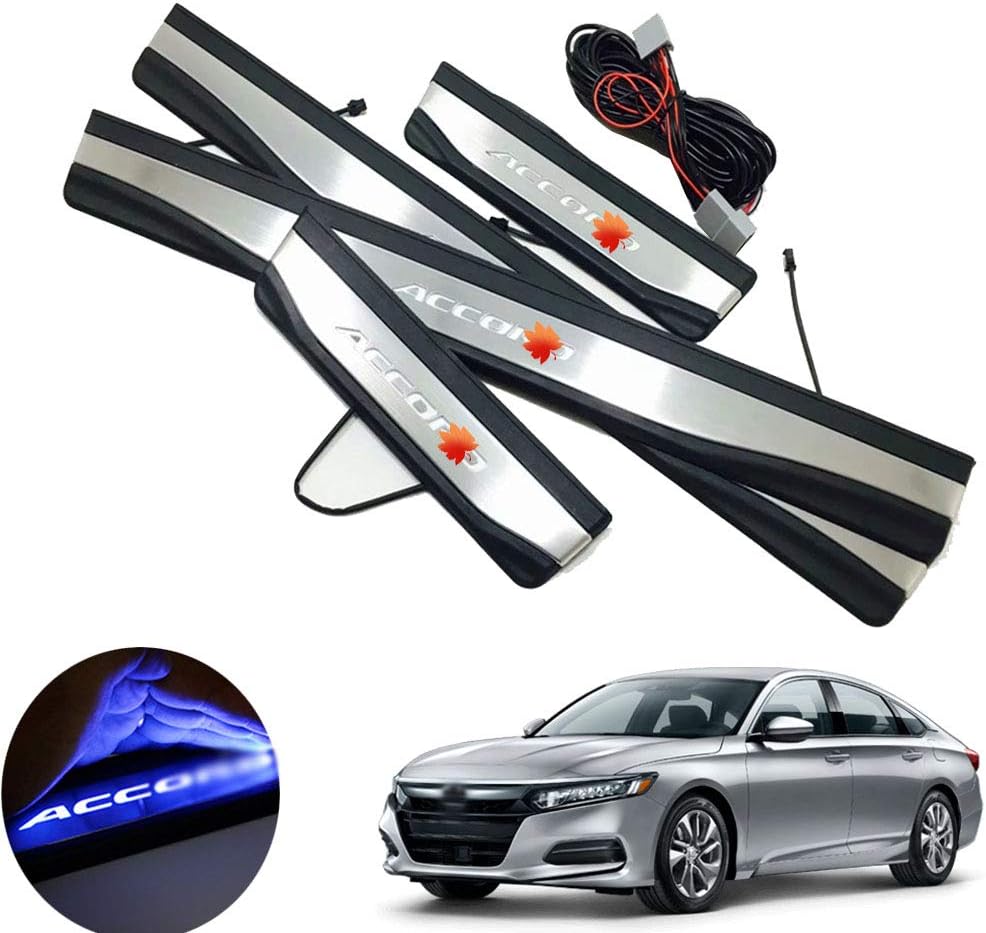Boltry Fashion Style Stainless Steel Led Door Sill Scuff Plate Guard Sills Protector Trim Accessories 4PCS for Honda 10th Accord 2018 2019 2020 (White Light) Pack of 2