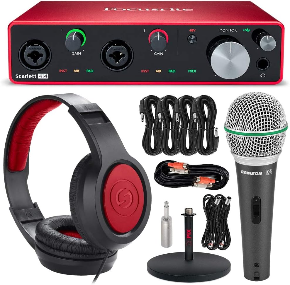 Focusrite Scarlett 4i4 USB Audio Interface (3rd Generation) + Q6 Dynamic Handheld Microphone, Extra Bass Smartphone Professional Headphones, Xpix Mic Stand, Cables and Deluxe Accessories