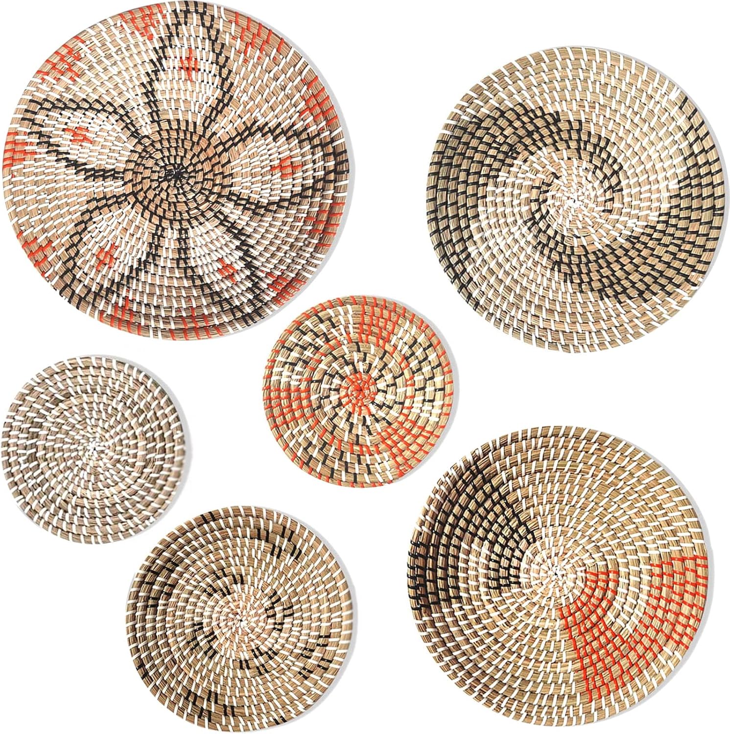 Rattan Hanging Woven Wall Basket Decor 6 Sets, Handmade Seagrass Decorative Tray with Back Hook for Boho Home Wall Decor Pack of 2