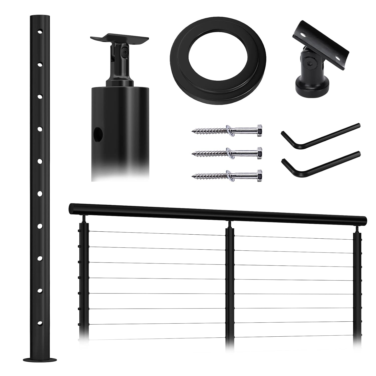 Muzata Cable Railing Post Round 36&rsquo;&rsquo;x2.36&rsquo;&rsquo; Stainless Steel Black Finishing Pre-drilled Posts Surface Mount for Wood Concrete Level Deck Stair Balustrade fit Invisible kit PS21 BH4S, PT1 PT3